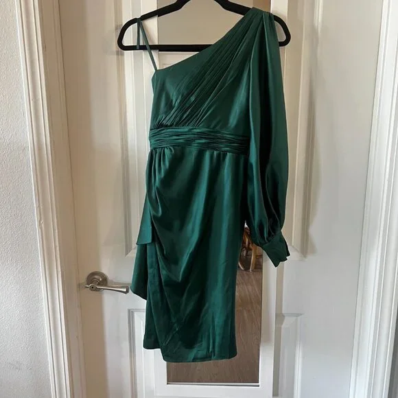 IEENA Mac Duggal SATIN ONE SLEEVED COCKTAIL DRESS Emerald Green Size 0 - Picture 6 of 6